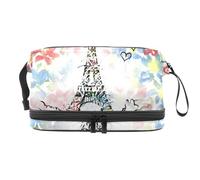 Trousse de toilette de voyage avec compartiment à pinceaux - Motif Tour de Paris en aquarelle - Double couche - Pour femme et fille, multicolore, 27x15x14 cm/10.6x5.9x5.5 in, Trousse de toilette