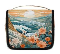 Trousse de toilette de voyage avec crochet de suspension, motif vagues japonaises, lever de soleil, trousse de maquillage portable pour homme et femme, accessoires essentiels de voyage