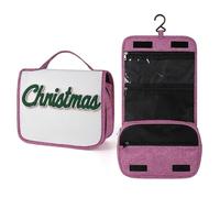 Trousse de toilette de voyage cursive avec inscription « Christmas in Dark Forest Green » pour femme, organiseur de maquillage à suspendre avec crochet pour shampooing