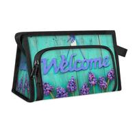 Trousse de toilette de voyage en bois avec panneau de bienvenue en forme de fleur pour femmes, hommes, filles, garçons, trousse de maquillage, trousse de toilette, organisateur de cosmétiques, sac de