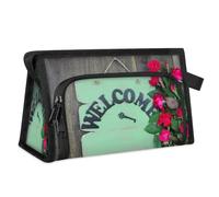 Trousse de toilette de voyage en bois avec panneau de bienvenue pour femmes, hommes, filles, garçons, trousse de maquillage, trousse de toilette, organisateur de cosmétiques, trousse de douche,