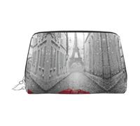 Trousse de toilette de voyage en cuir de qualité supérieure avec imprimé parapluie rouge Tour Eiffel Paris Street avec pochette portable étanche ouverte plate, Argenté., Taille unique