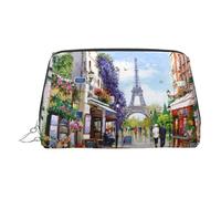 Trousse de toilette de voyage en cuir de qualité supérieure avec imprimé Tour Eiffel de Paris Street Scène avec pochette portable étanche ouverte plate, Argenté., Taille unique