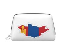 Trousse de toilette de voyage en cuir de qualité supérieure avec motif carte du drapeau mongol avec pochette portable étanche ouverte et plate, Argenté., Taille unique