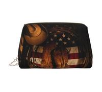 Trousse de toilette de voyage en cuir de qualité supérieure avec motif drapeau américain avec bottes de cowboy et pochette portable étanche ouverte plate, doré, Taille unique