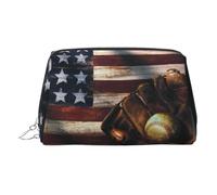Trousse de toilette de voyage en cuir de qualité supérieure avec motif drapeau américain de baseball avec pochette portable étanche ouverte plate, Argenté., Taille unique