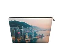 Trousse de toilette de voyage en cuir doré - Réutilisable - Imprimé Hong Kong - Sac de rangement souple et portable, doré, Taille unique