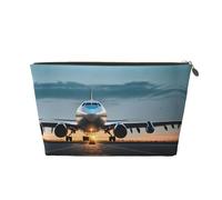 Trousse de toilette de voyage en cuir doré - Sac de rangement souple et portable - Motif avion dans la lumière du soir, doré, Taille unique
