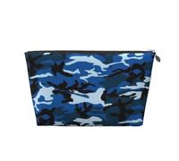 Trousse de toilette de voyage en cuir imprimé camouflage bleu avec fermeture éclair dorée pour femme en déplacement, Argenté., One Size, Trousse de toilette