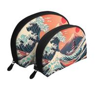 Trousse de toilette de voyage en forme de vagues style japonais Ukiyo-E Fuji rouge soleil imprimé 2 pièces, blanc, Taille unique