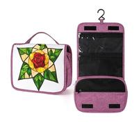 Trousse de toilette de voyage en verre teinté rose et feuille verte pour femme, organiseur de maquillage à suspendre avec crochet pour shampooing