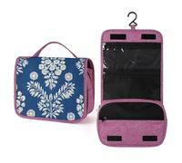 Trousse de toilette de voyage Folk Block crème sur bleu pour femme, organiseur de maquillage à suspendre avec crochet pour shampooing