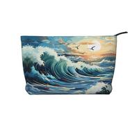 Trousse de toilette de voyage imperméable en velours côtelé imprimé vague mouette grande capacité, Noir , Taille unique