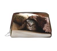 Trousse de toilette de voyage imprimée avec motif chat sous couverture, pochette de rangement portable avec trois fentes intérieures pour accessoires, Argenté., One Size