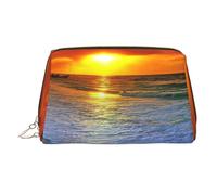 Trousse de toilette de voyage imprimée plage coucher de soleil pochette de rangement portable avec trois fentes intérieures pour accessoires, doré, One Size