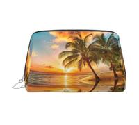 Trousse de toilette de voyage imprimée plage tropicale palmier coucher de soleil pochette de rangement portable avec trois fentes intérieures pour accessoires, Argenté., One Size