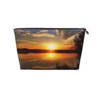 Trousse de toilette de voyage Lake Under Sunset en cuir PVC avec fermetures éclair dorées, organiseur étanche pour maquillage, articles de toilette et essentiels, Argenté., Taille unique, Trousse de