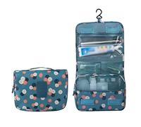 Trousse de toilette de voyage multifonctionnelle étanche avec crochet pliable avec plusieurs poches, grande capacité pour cosmétiques, articles de toilette, petites choses, motif floral bleu