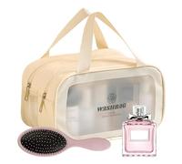 Trousse de toilette de voyage, organisateur de maquillage, sac de rangement séparé de voyage sec et humide | Pochette de shampooing avec poignées pour les vacances en plein air et le camping, Beige