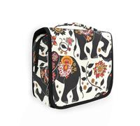 Trousse de toilette de voyage pour femme avec crochet de suspension extensible avec fermeture éclair et motif éléphants bohèmes, fleurs noires