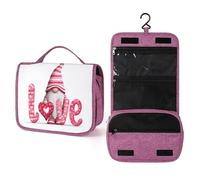 Trousse de toilette de voyage pour femme avec gnome rose et inscription « Love » pour la Saint-Valentin, organiseur de maquillage à suspendre avec crochet pour shampooing