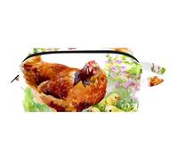 Trousse de toilette de voyage pour femme en cuir microfibre avec fermeture éclair, aquarelle poule et poussins dans la cour, multicolore, 8.2x3.1x3.5 in/21x8x9 cm, Trousse de toilette