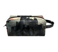 Trousse de toilette de voyage pour femme en cuir microfibre avec fermeture éclair, arbre mort, château abandonné, corbeaux volants, multicolore, 8.2x3.1x3.5 in/21x8x9 cm, Trousse de toilette