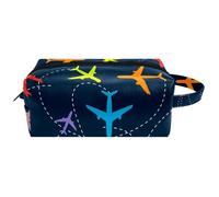 Trousse de toilette de voyage pour femme en cuir microfibre avec fermeture éclair, avion volant dans le ciel, multicolore, 8.2x3.1x3.5 in/21x8x9 cm, Trousse de toilette