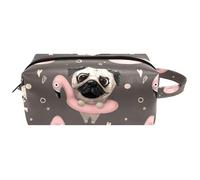 Trousse de toilette de voyage pour femme en cuir microfibre avec fermeture éclair, carlin dans un flamant rose et anneau de natation, multicolore, 8.2x3.1x3.5 in/21x8x9 cm, Trousse de toilette