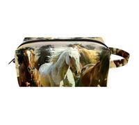 Trousse de toilette de voyage pour femme en cuir microfibre avec fermeture éclair - Chevaux au galop, multicolore, 8.2x3.1x3.5 in/21x8x9 cm, Trousse de toilette