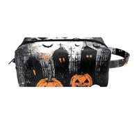 Trousse de toilette de voyage pour femme en cuir microfibre avec fermeture éclair, citrouille, chauve-souris, tombeau, multicolore, 8.2x3.1x3.5 in/21x8x9 cm, Trousse de toilette