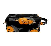 Trousse de toilette de voyage pour femme en cuir microfibre avec fermeture éclair, citrouille d'Halloween avec chapeau de sorcière, balai, multicolore, 8.2x3.1x3.5 in/21x8x9 cm, Trousse de toilette