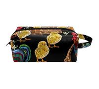 Trousse de toilette de voyage pour femme en cuir microfibre avec fermeture éclair, coq brodé et poussin dans un panier, multicolore, 8.2x3.1x3.5 in/21x8x9 cm, Trousse de toilette