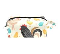 Trousse de toilette de voyage pour femme en cuir microfibre avec fermeture éclair, coq, poule, oiseaux et œufs, multicolore, 8.2x3.1x3.5 in/21x8x9 cm, Trousse de toilette