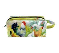 Trousse de toilette de voyage pour femme en cuir microfibre avec fermeture éclair, coq, poule, poussins, oie jouant au bord de la rivière, multicolore, 8.2x3.1x3.5 in/21x8x9 cm, Trousse de toilette