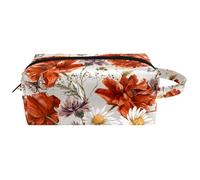 Trousse de toilette de voyage pour femme en cuir microfibre avec fermeture éclair, coquelicot rouge fleuri et marguerite, multicolore, 8.2x3.1x3.5 in/21x8x9 cm, Trousse de toilette