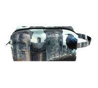 Trousse de toilette de voyage pour femme en cuir microfibre avec fermeture éclair, corbeau sur château d'abandon, multicolore, 8.2x3.1x3.5 in/21x8x9 cm, Trousse de toilette