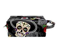 Trousse de toilette de voyage pour femme en cuir microfibre avec fermeture éclair, Dia de Los Muertos Day of The Dead Sugar Skulls, multicolore, 8.2x3.1x3.5 in/21x8x9 cm, Trousse de toilette