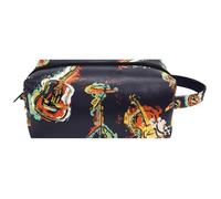 Trousse de toilette de voyage pour femme en cuir microfibre avec fermeture éclair, grunge, jazz, guitare, piano, batterie, multicolore, 8.2x3.1x3.5 in/21x8x9 cm, Trousse de toilette