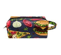 Trousse de toilette de voyage pour femme en cuir microfibre avec fermeture éclair, hamburger, hot dog, pizza, multicolore, 8.2x3.1x3.5 in/21x8x9 cm, Trousse de toilette