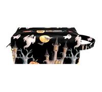 Trousse de toilette de voyage pour femme en cuir microfibre avec fermeture éclair, motif arbre mort, château, fantôme, citrouille, multicolore, 8.2x3.1x3.5 in/21x8x9 cm, Trousse de toilette