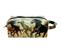 Trousse de toilette de voyage pour femme en cuir microfibre avec fermeture éclair, motif chevaux au galop dans le désert, multicolore, 8.2x3.1x3.5 in/21x8x9 cm, Trousse de toilette
