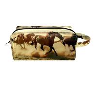 Trousse de toilette de voyage pour femme en cuir microfibre avec fermeture éclair, motif chevaux au galop dans la prairie, multicolore, 8.2x3.1x3.5 in/21x8x9 cm, Trousse de toilette