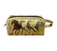 Trousse de toilette de voyage pour femme en cuir microfibre avec fermeture éclair, motif chevaux au galop dans le désert, multicolore, 8.2x3.1x3.5 in/21x8x9 cm, Trousse de toilette