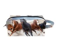 Trousse de toilette de voyage pour femme en cuir microfibre avec fermeture éclair, motif chevaux qui courent sur la tempête du désert, multicolore, 8.2x3.1x3.5 in/21x8x9 cm, Trousse de toilette