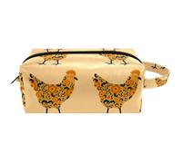 Trousse de toilette de voyage pour femme en cuir microfibre avec fermeture éclair, motif poule avec ornement floral, multicolore, 8.2x3.1x3.5 in/21x8x9 cm, Trousse de toilette