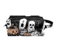 Trousse de toilette de voyage pour femme en cuir microfibre avec fermeture éclair, motif tombeau fantôme d'Halloween, multicolore, 8.2x3.1x3.5 in/21x8x9 cm, Trousse de toilette
