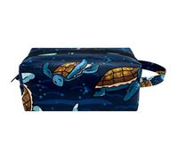 Trousse de toilette de voyage pour femme en cuir microfibre avec fermeture éclair, motif tortues de dessin animé nagent sur la mer, multicolore, 8.2x3.1x3.5 in/21x8x9 cm, Trousse de toilette