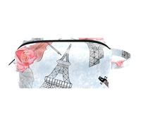 Trousse de toilette de voyage pour femme en cuir microfibre avec fermeture éclair, rose violon avec tour Eiffel, multicolore, 8.2x3.1x3.5 in/21x8x9 cm, Trousse de toilette