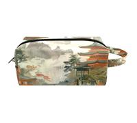 Trousse de toilette de voyage pour femme en cuir microfibre avec fermeture éclair, temples dans les montagnes, multicolore, 8.2x3.1x3.5 in/21x8x9 cm, Trousse de toilette